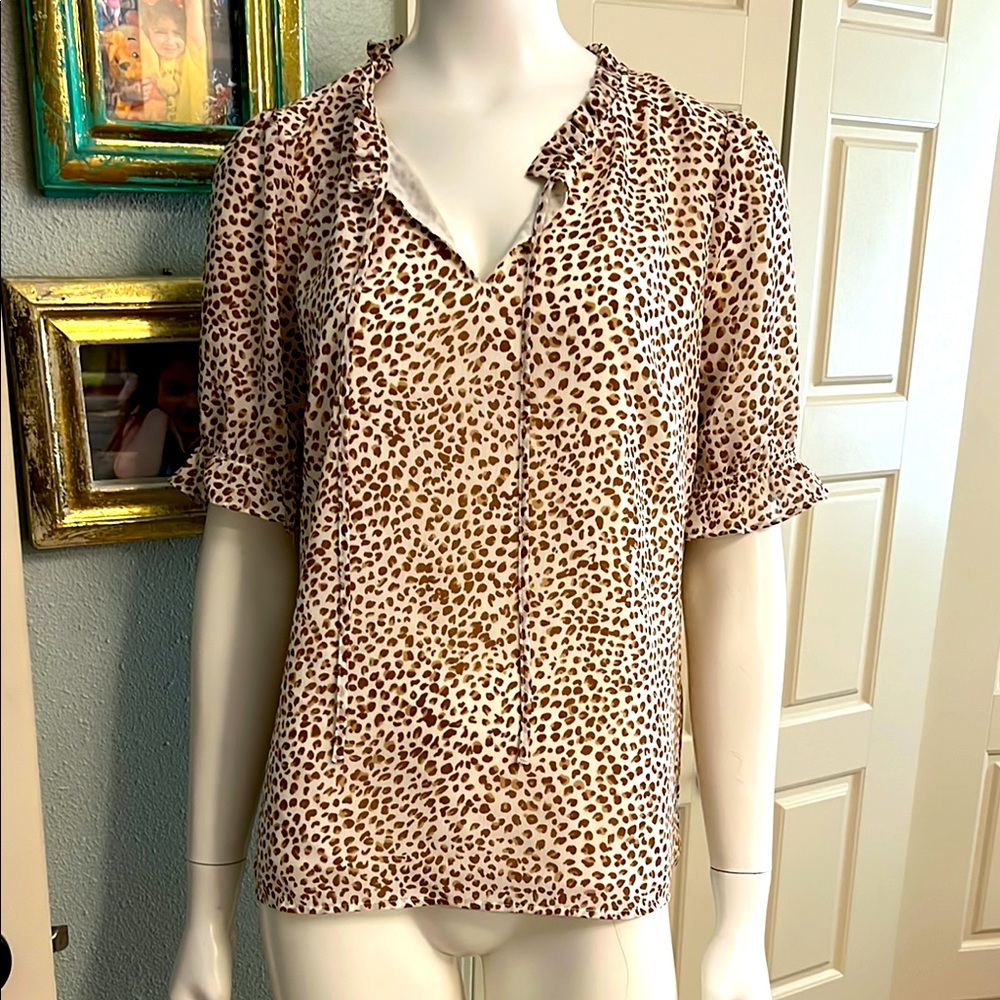 Leopard Print Ruffle V-Neck Women’s Blouse - Cream and Brown J Crew Medium #EE